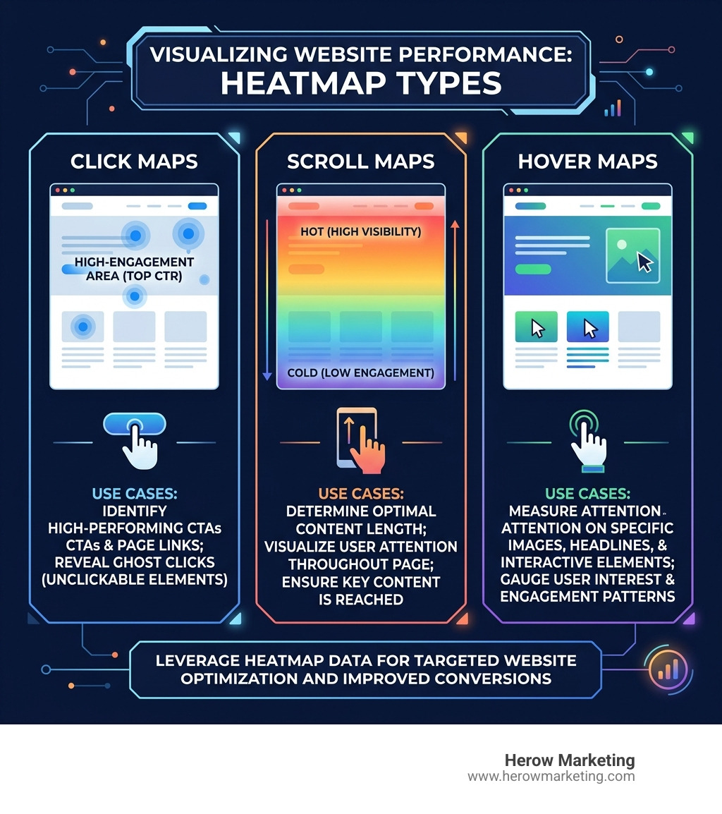 Infographic showing heatmap types: click maps, scroll maps, hover maps, and their use cases for website optimization