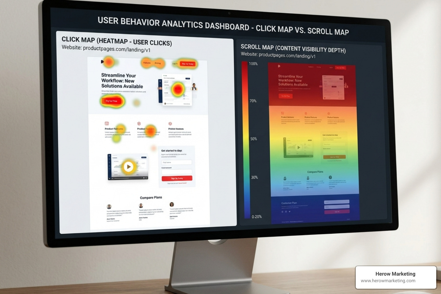 Visualization comparing a click map showing hotspots on buttons vs a scroll map showing content visibility depth - heatmap