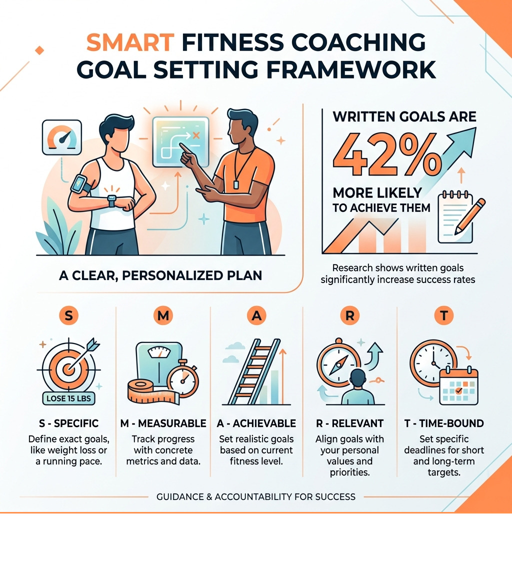 SMART fitness coaching goal setting framework with 42% written goal success rate - fitness coaching goal setting infographic 