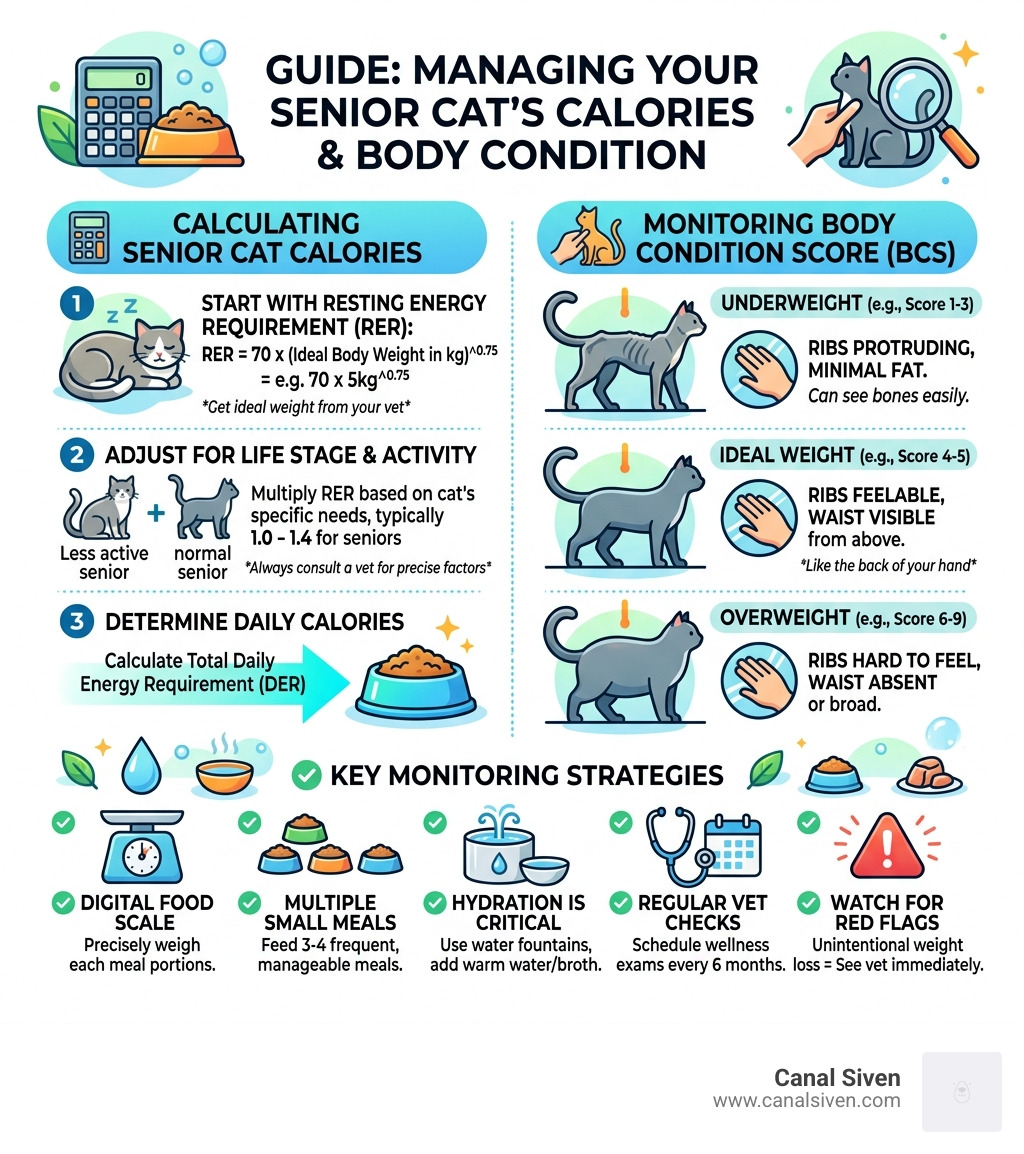 Infographic on how to calculate senior cat calories and monitor body condition - senior cat food infographic 