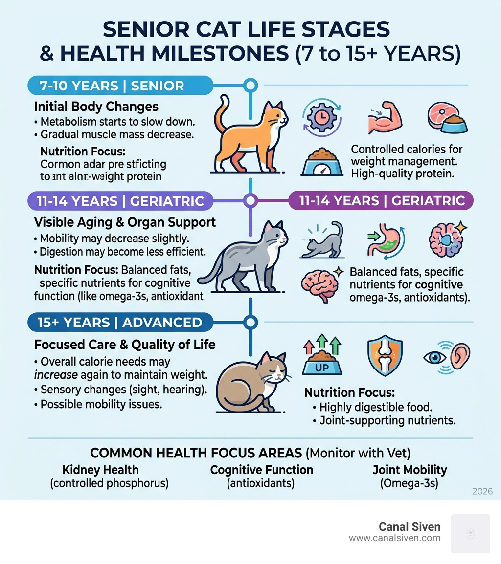 Senior cat life stages, health milestones from 7 years to 15+ years infographic - senior cat food infographic 