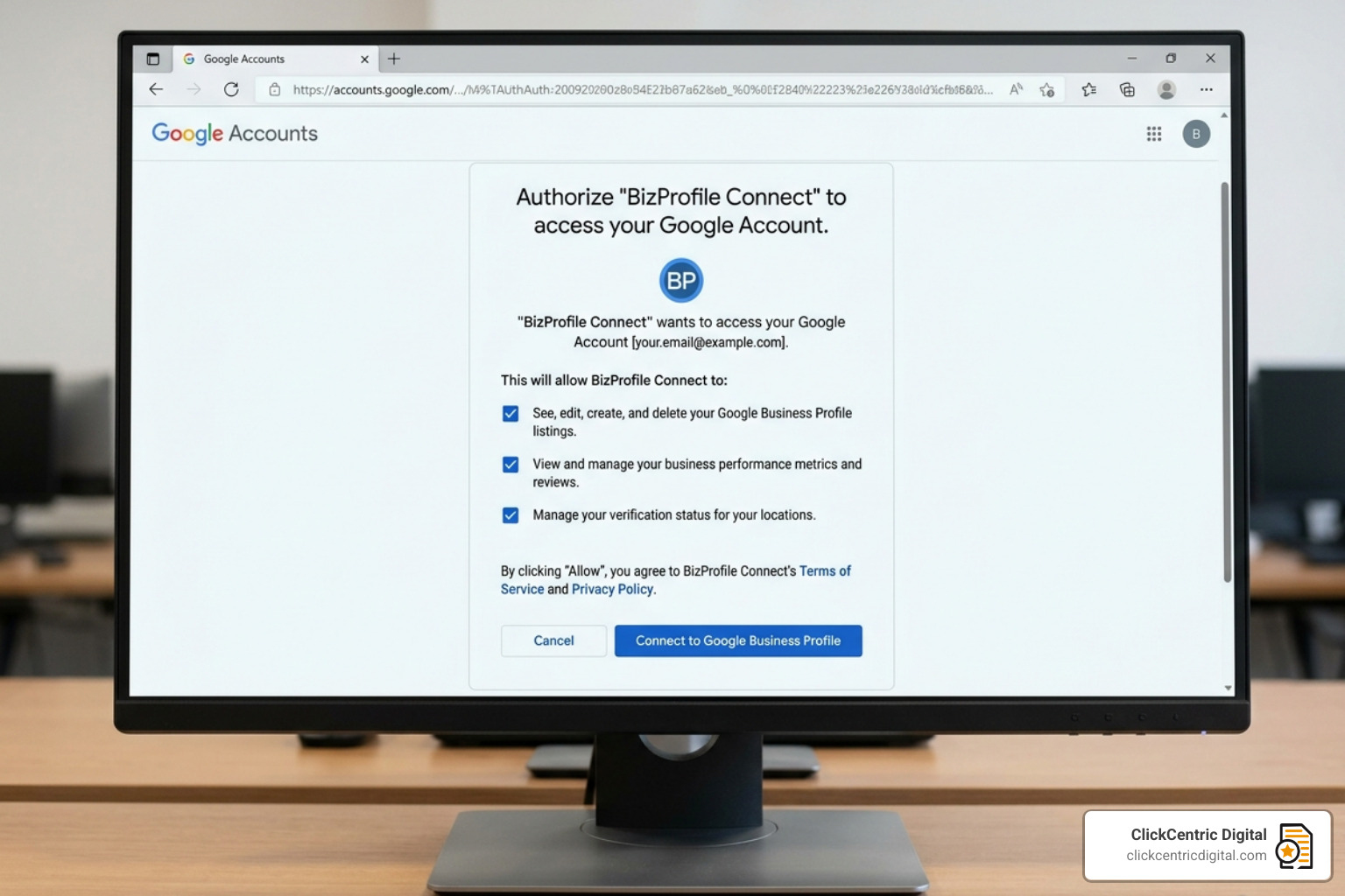 Google OAuth connection screen for third-party tools - business profile manager Google OAuth connection screen for third-party tools - business profile manager