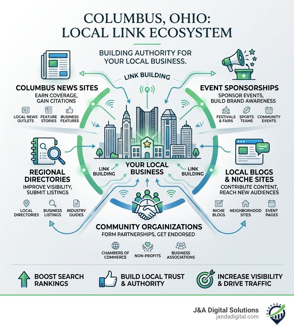 Infographic showing the local link ecosystem for Columbus Ohio businesses including news sites, directories, and community