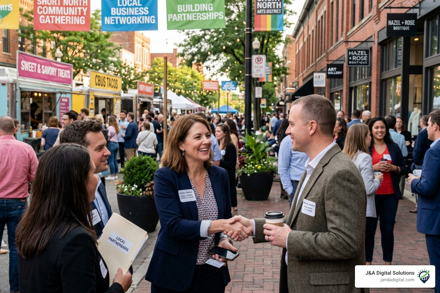 A local Columbus business owner networking at a community event to build partnerships and earn backlinks - Local backlinks