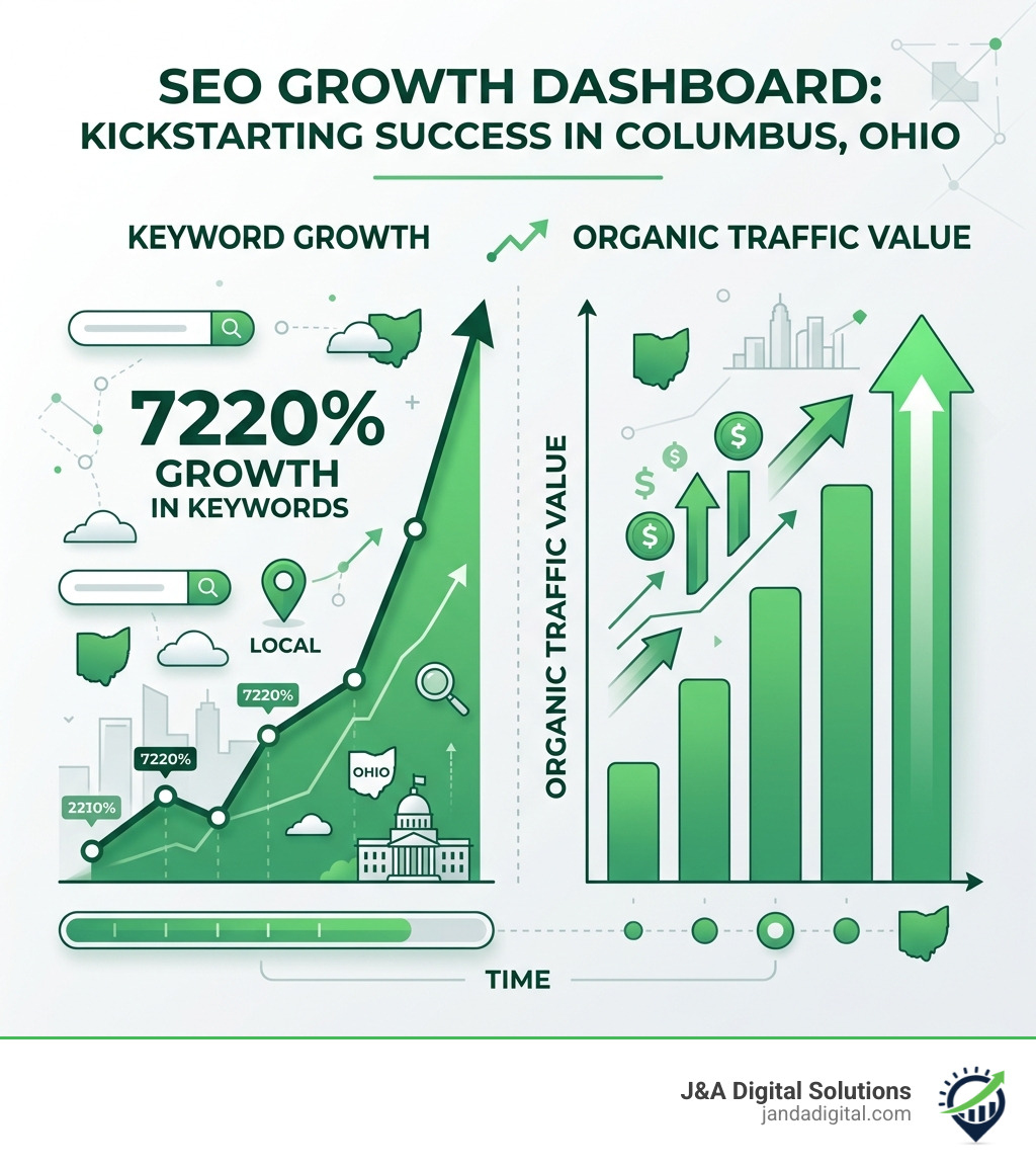 SEO dashboard showing a 7220% growth in keywords and a significant increase in organic traffic value over time - Local