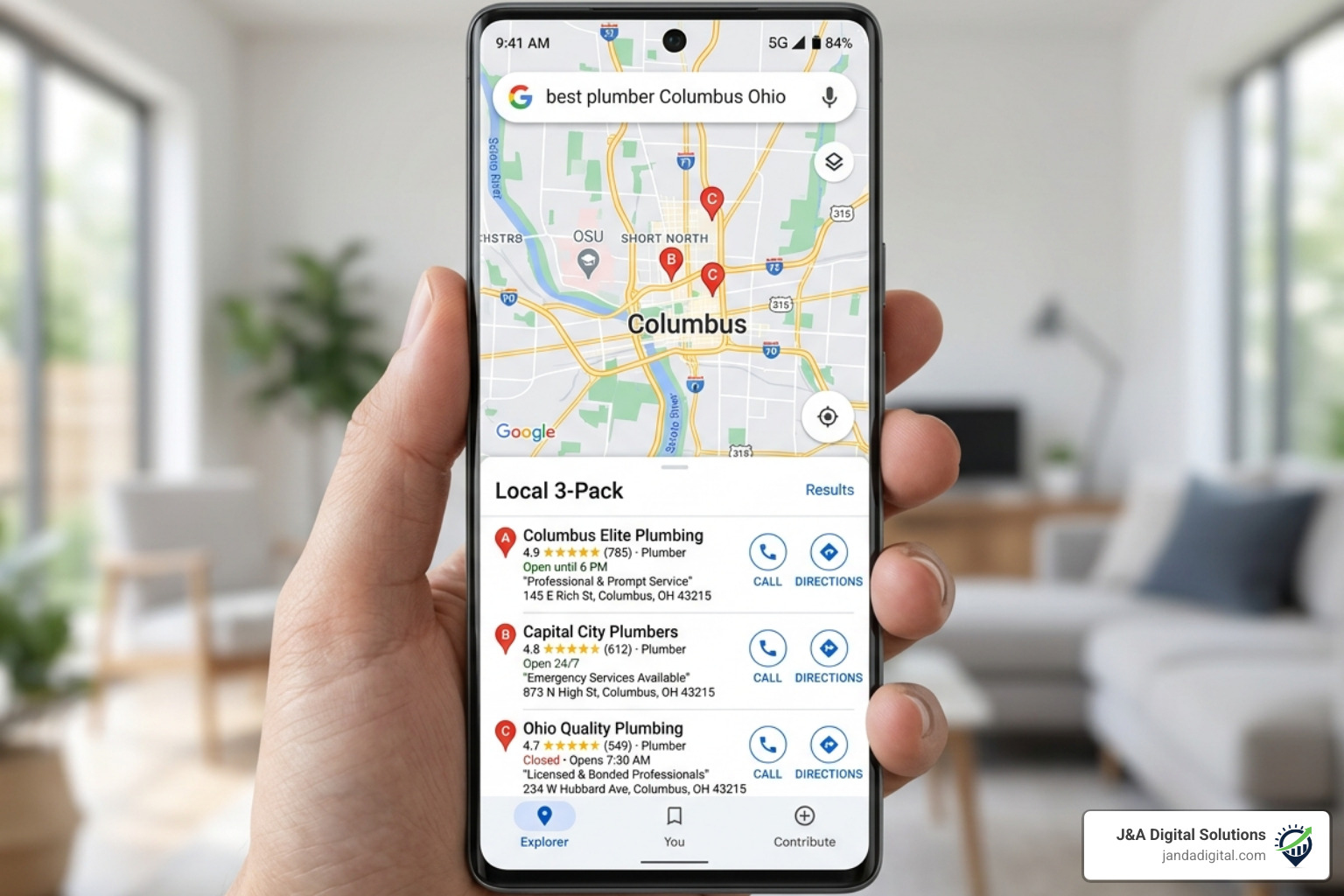 A Google Maps 3-pack showing local Columbus Ohio businesses ranking at the top of search results - Local backlinks Columbus