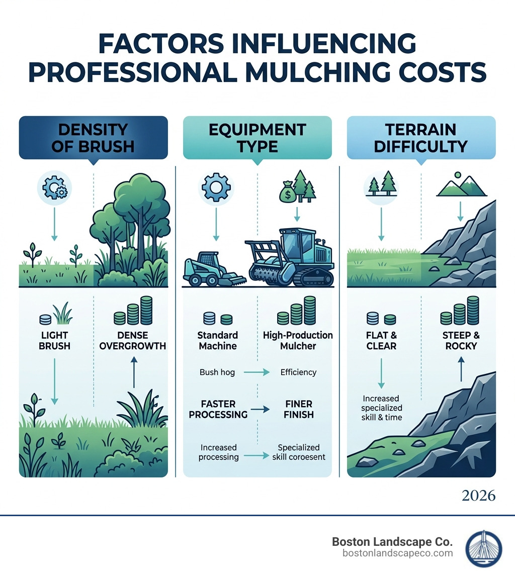 Infographic showing the cost breakdown factors: density of brush, equipment type, and terrain difficulty - mulching Infographic showing the cost breakdown factors: density of brush, equipment type, and terrain difficulty - mulching