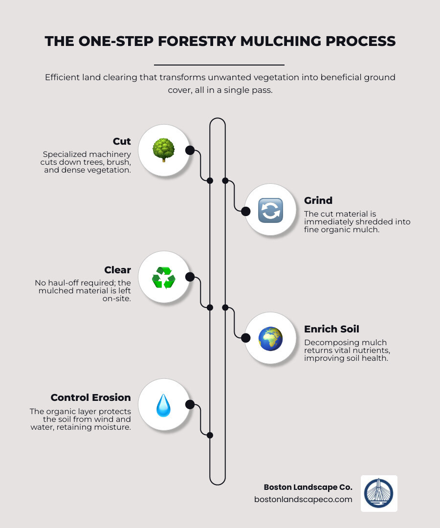 Infographic showing the one-step forestry mulching process: cut, grind, and clear vegetation leaving nutrient-rich mulch Infographic showing the one-step forestry mulching process: cut, grind, and clear vegetation leaving nutrient-rich mulch