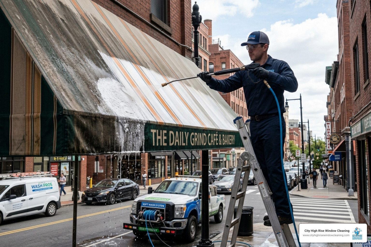 Technician using a soft-wash system on a commercial canopy - awning cleaning near me Technician using a soft-wash system on a commercial canopy - awning cleaning near me