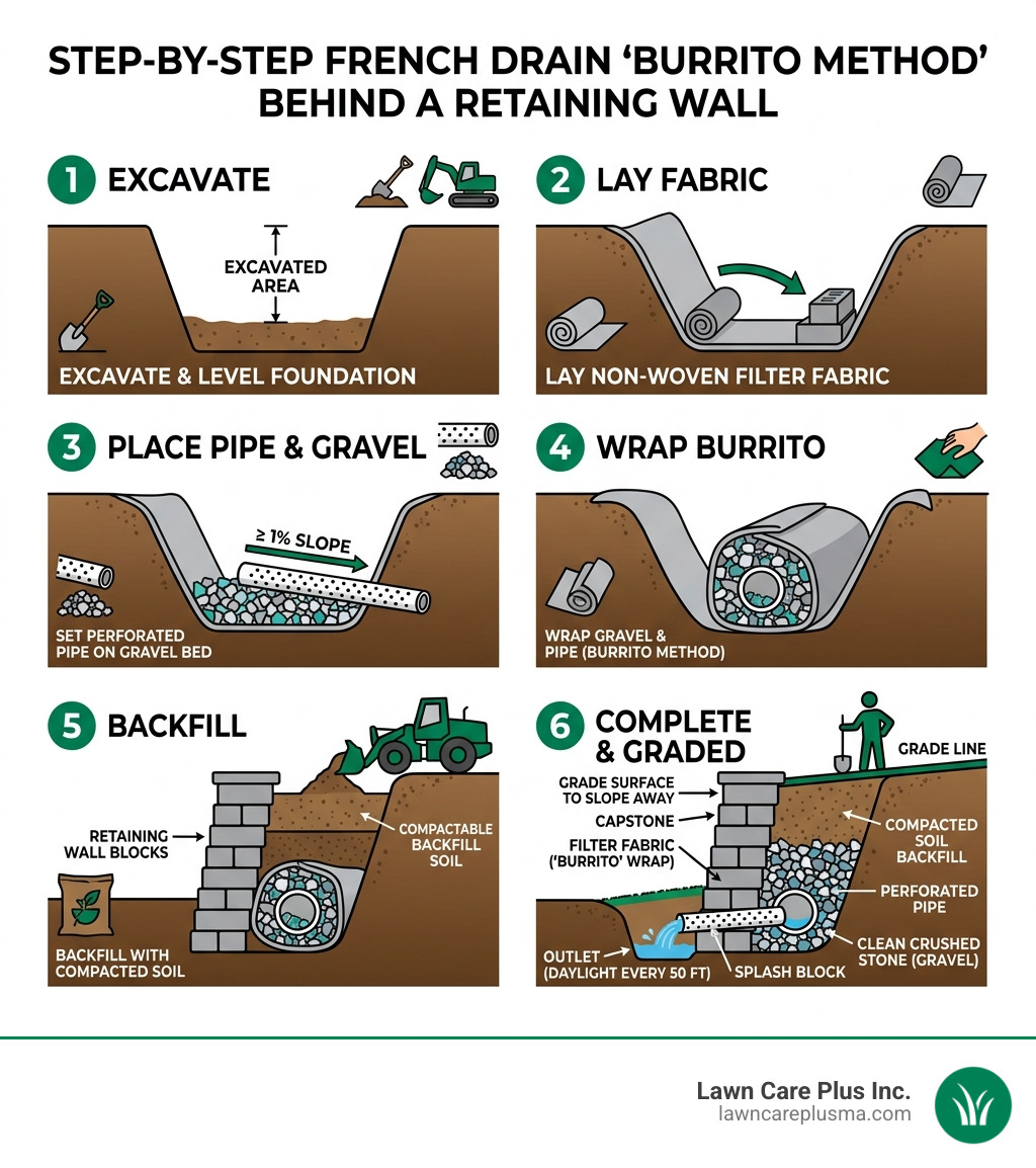 Infographic showing step-by-step French drain burrito method behind a retaining wall with labeled components - building a Infographic showing step-by-step French drain burrito method behind a retaining wall with labeled components - building a