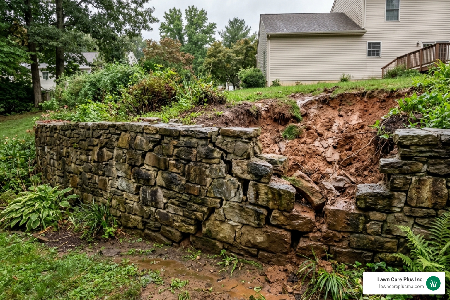 Water damage and bulging on a stone retaining wall without proper drainage - building a retaining wall with french drain Water damage and bulging on a stone retaining wall without proper drainage - building a retaining wall with french drain