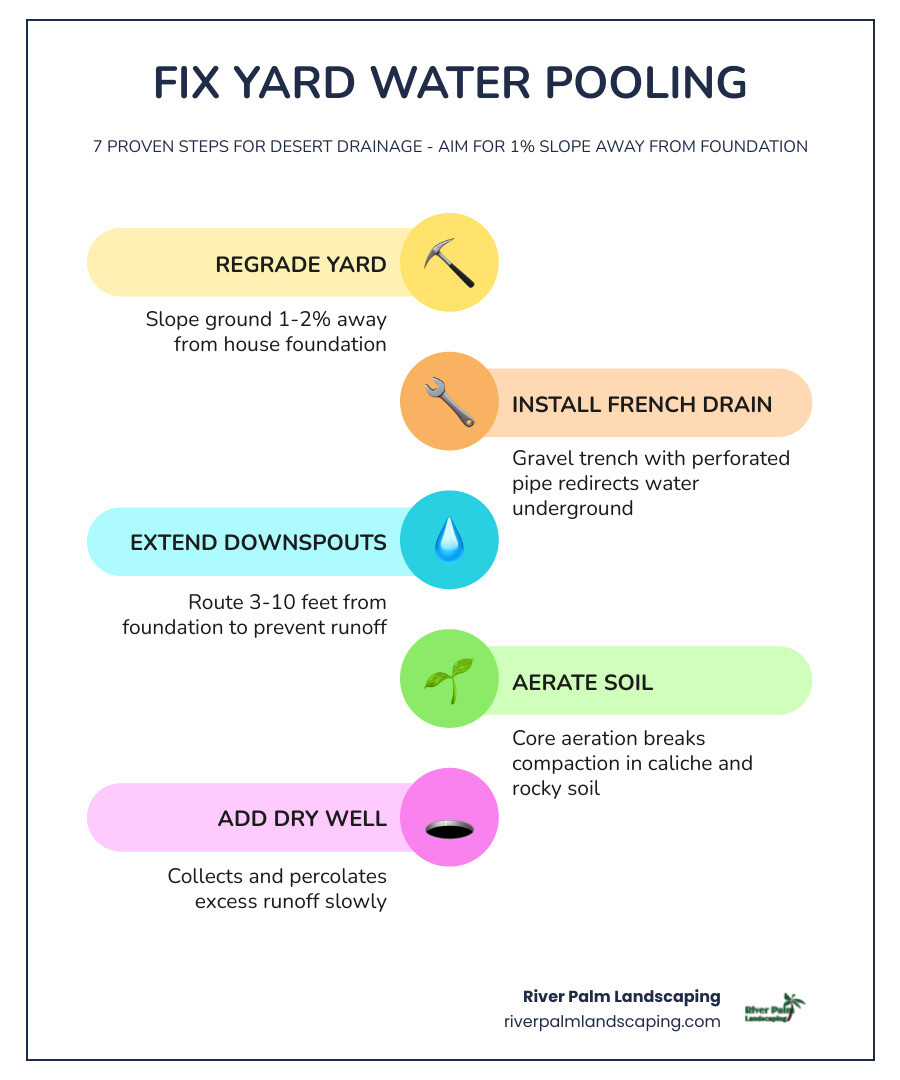 Infographic showing professional methods to fix yard water pooling with an ideal slope diagram and drainage methods - how to fix water