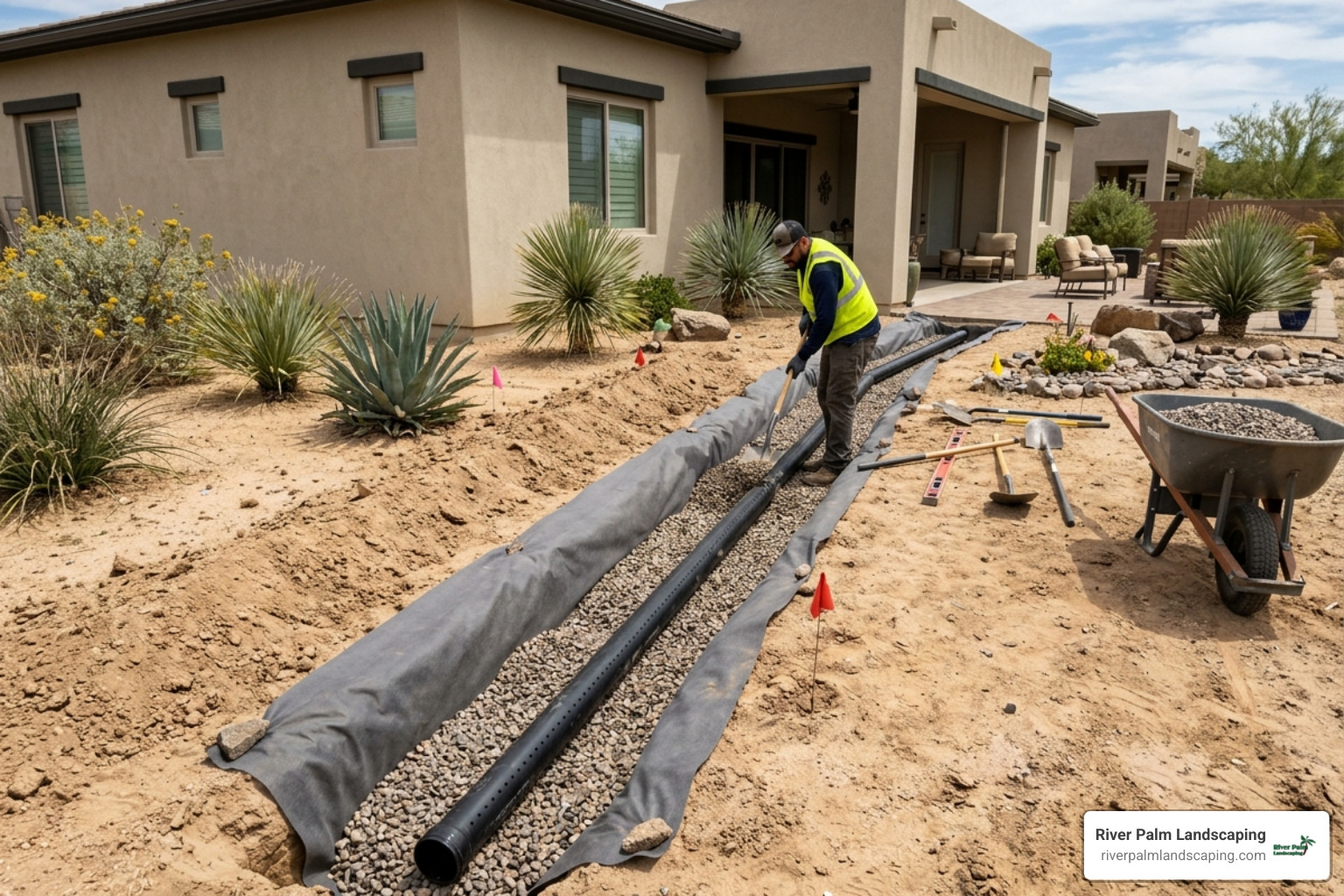 A professional French drain installation featuring a gravel-filled trench and perforated pipe - how to fix water pooling in