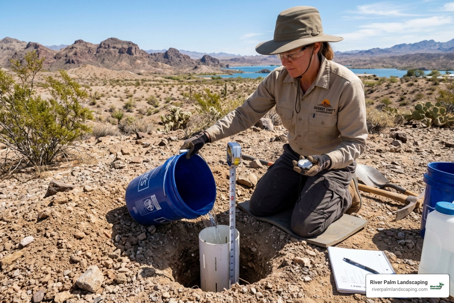 A professional performing a percolation test in rocky Arizona soil to check drainage rates - how to fix water pooling in yard