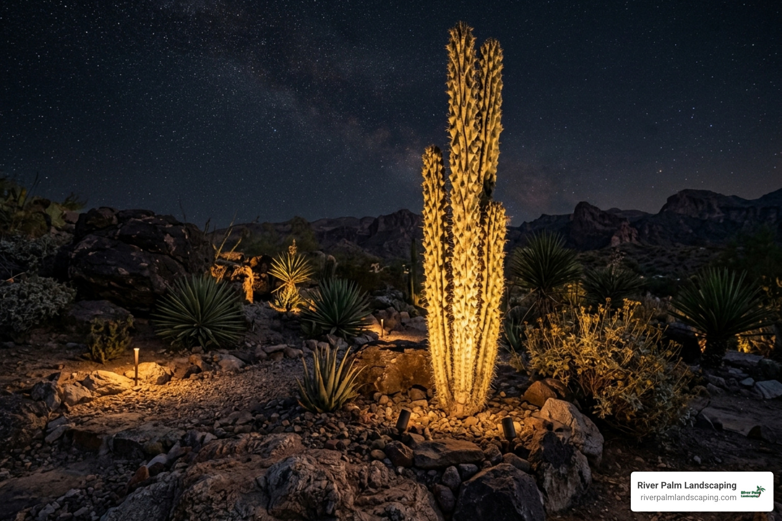 Low-voltage lighting highlighting a Totem Pole cactus in a Parker landscape - efficient landscape lighting parker