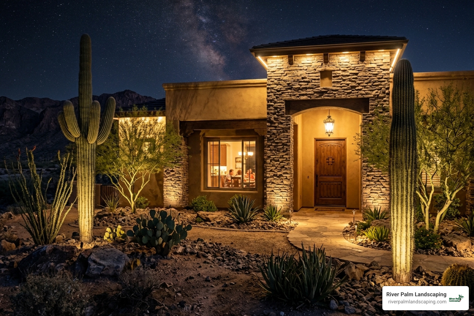 Layered ambient and accent lighting on a desert home facade - efficient landscape lighting parker