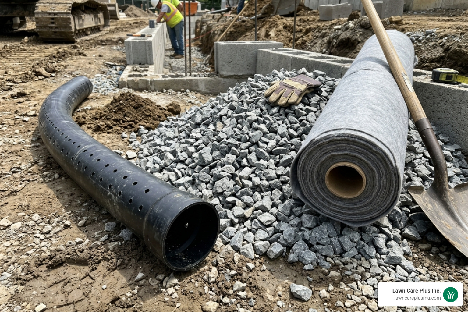 Close-up of drainage materials: perforated pipe, angular gravel, and non-woven filter fabric - building a retaining wall Close-up of drainage materials: perforated pipe, angular gravel, and non-woven filter fabric - building a retaining wall