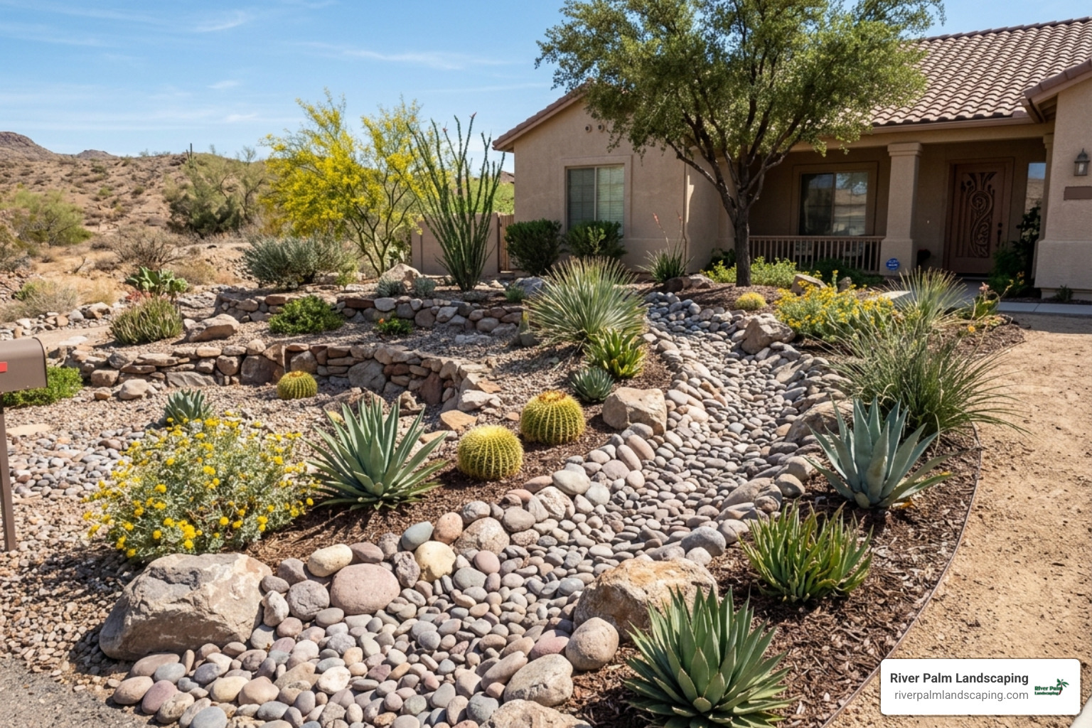 Professional dry creek bed for drainage and visual interest in a Golden Shores front yard - front yard xeriscaping golden