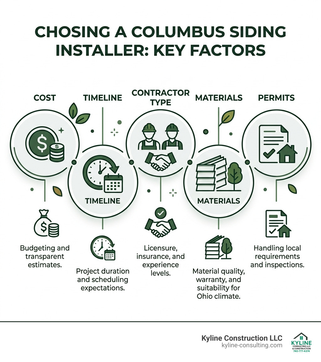 Infographic showing key factors for choosing a Columbus siding installer: cost, timeline, contractor type, materials, and