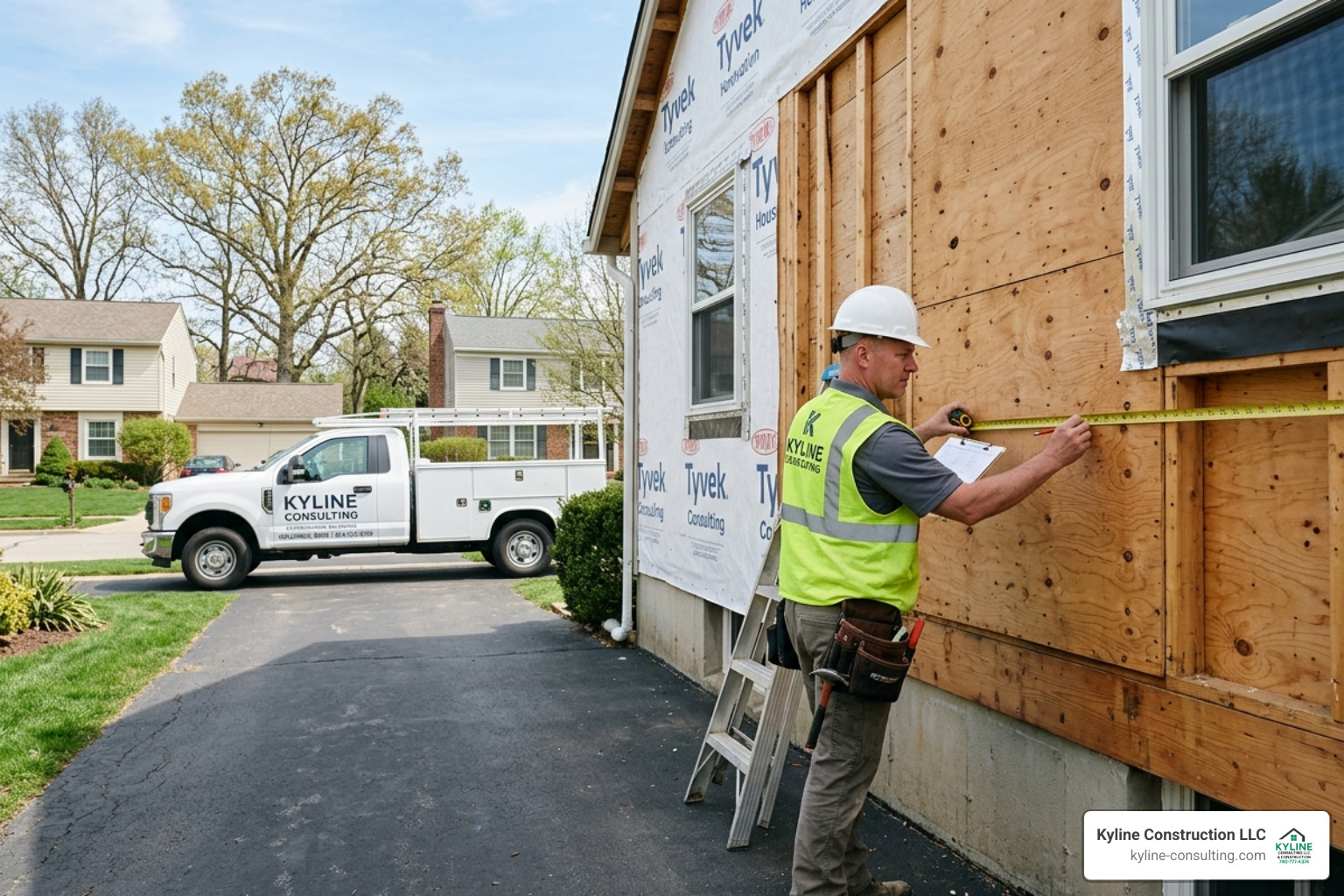A professional contractor inspecting a residential wall for siding prep in Columbus - Siding installation Columbus