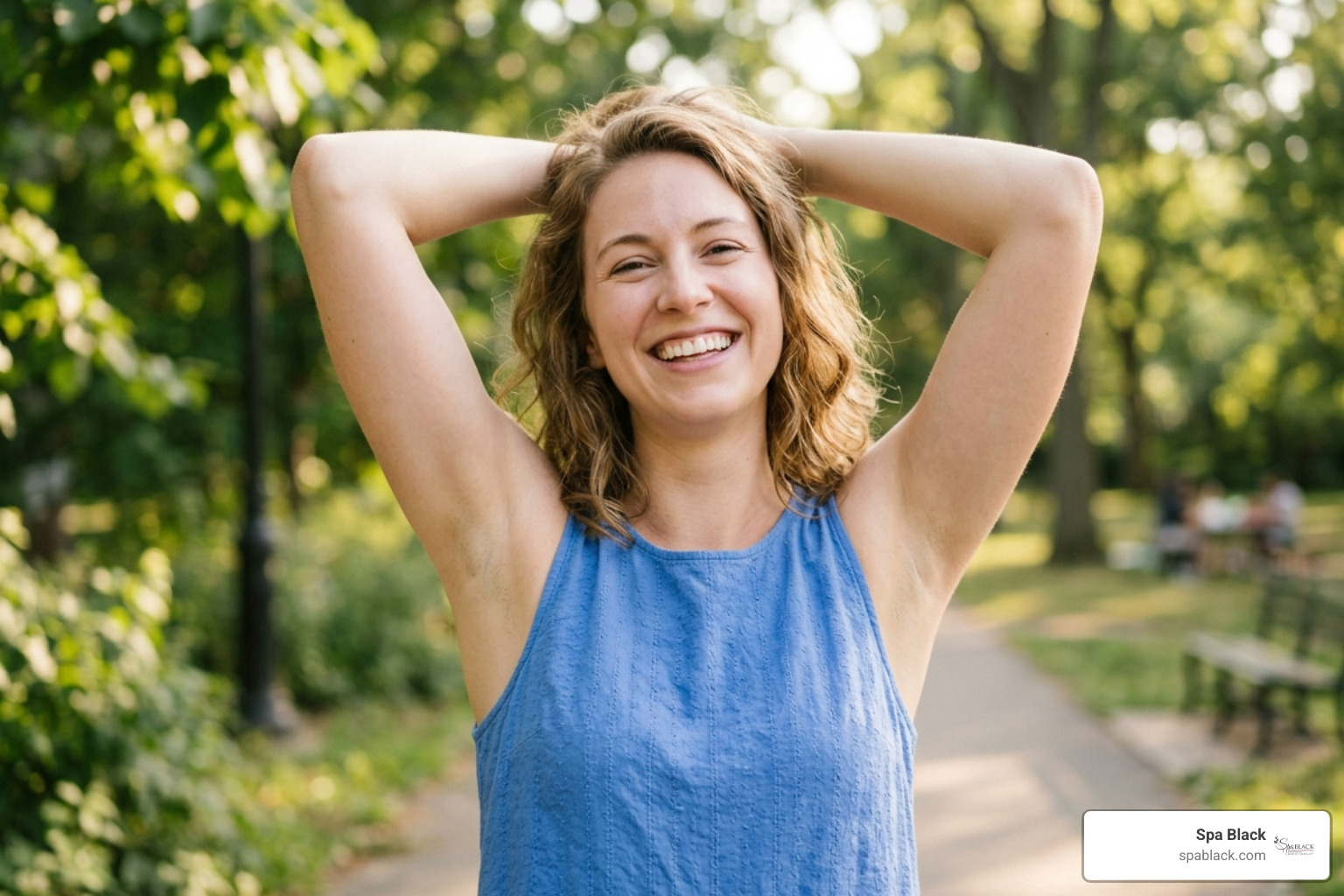 Smooth Underarms; Creator: Sora Shimazaki; Description: A woman smiling with her arms raised, showing smooth, hair-free underarms; License: Royalty-free Smooth Underarms; Creator: Sora Shimazaki; Description: A woman smiling with her arms raised, showing smooth, hair-free underarms; License: Royalty-free