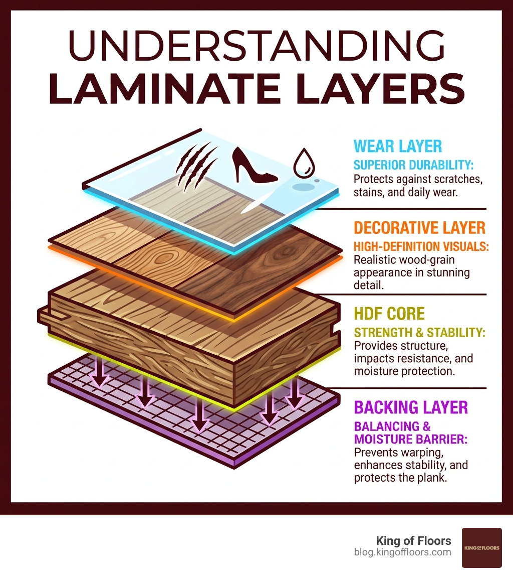 Infographic explaining laminate layers: wear layer, decorative layer, HDF core, and backing - Laminate Flooring in Surrey
