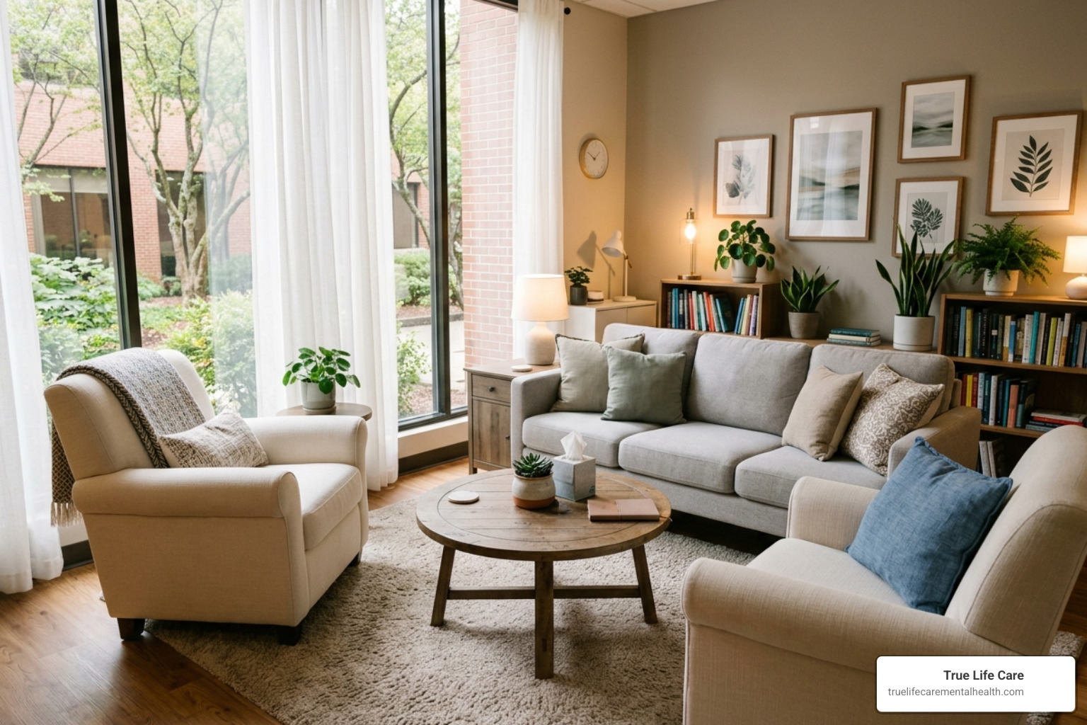 Healing environment with comfortable seating and natural light, representing a safe space for psychiatric consultation