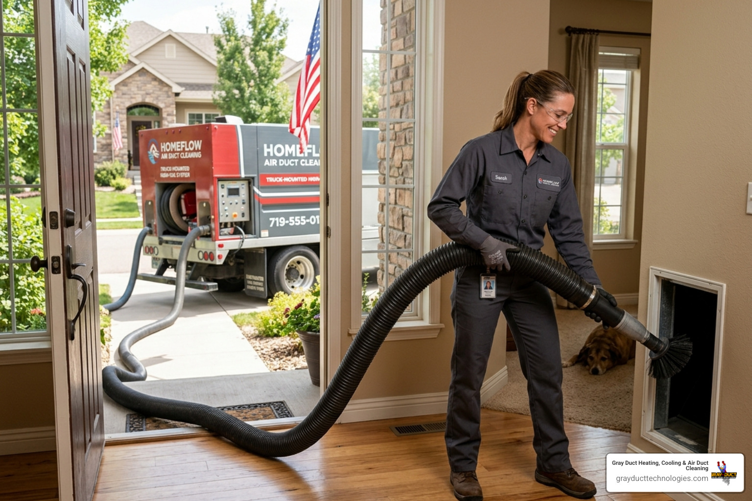 A professional technician using a high-powered truck-mounted vacuum system to clean residential air ducts - how to spot a A professional technician using a high-powered truck-mounted vacuum system to clean residential air ducts - how to spot a