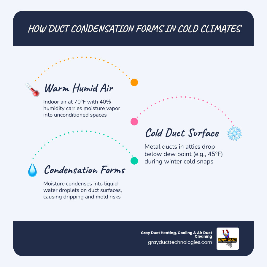 infographic showing how warm humid indoor air contacts cold duct surfaces causing condensation in cold climates - duct