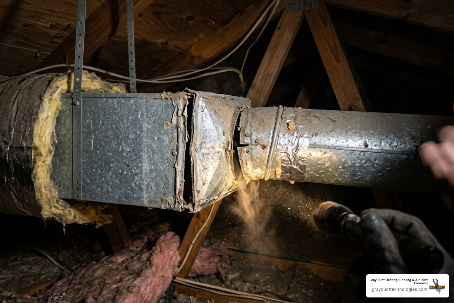 air leaks around duct joints in a dark attic - duct condensation problems in cold climates