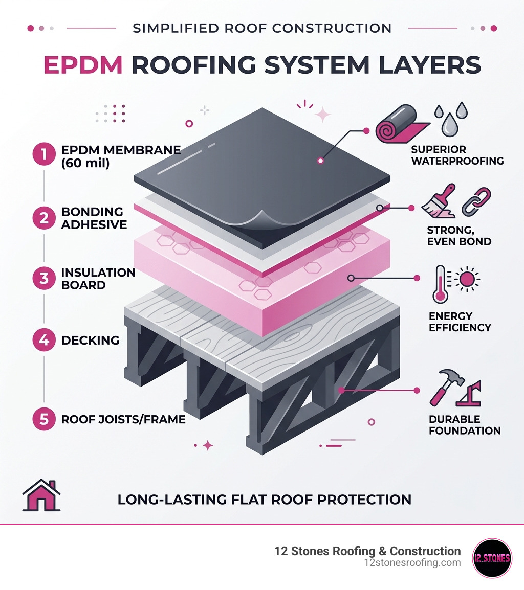 Infographic showing layers of an EPDM roofing system from deck to membrane - diy epdm roof infographic 