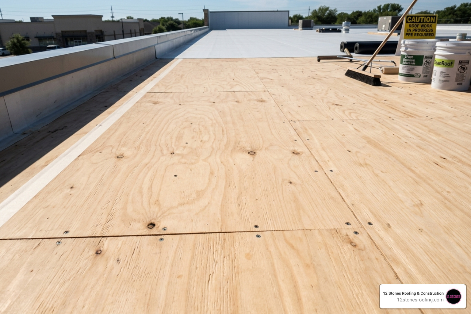 Clean swept plywood roof deck ready for EPDM adhesive - diy epdm roof