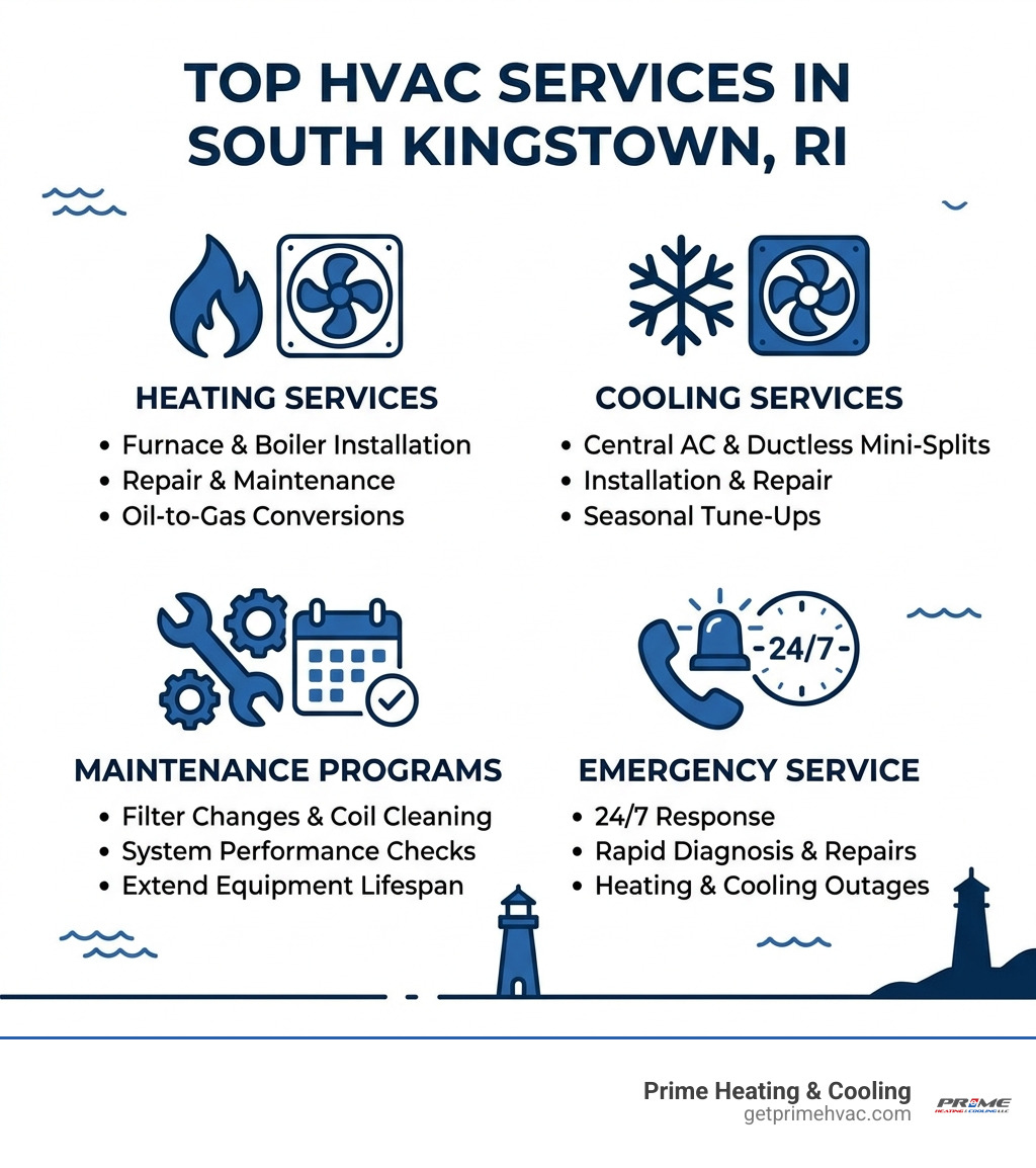 Infographic showing top HVAC services in South Kingstown RI including heating, cooling, maintenance, and emergency service