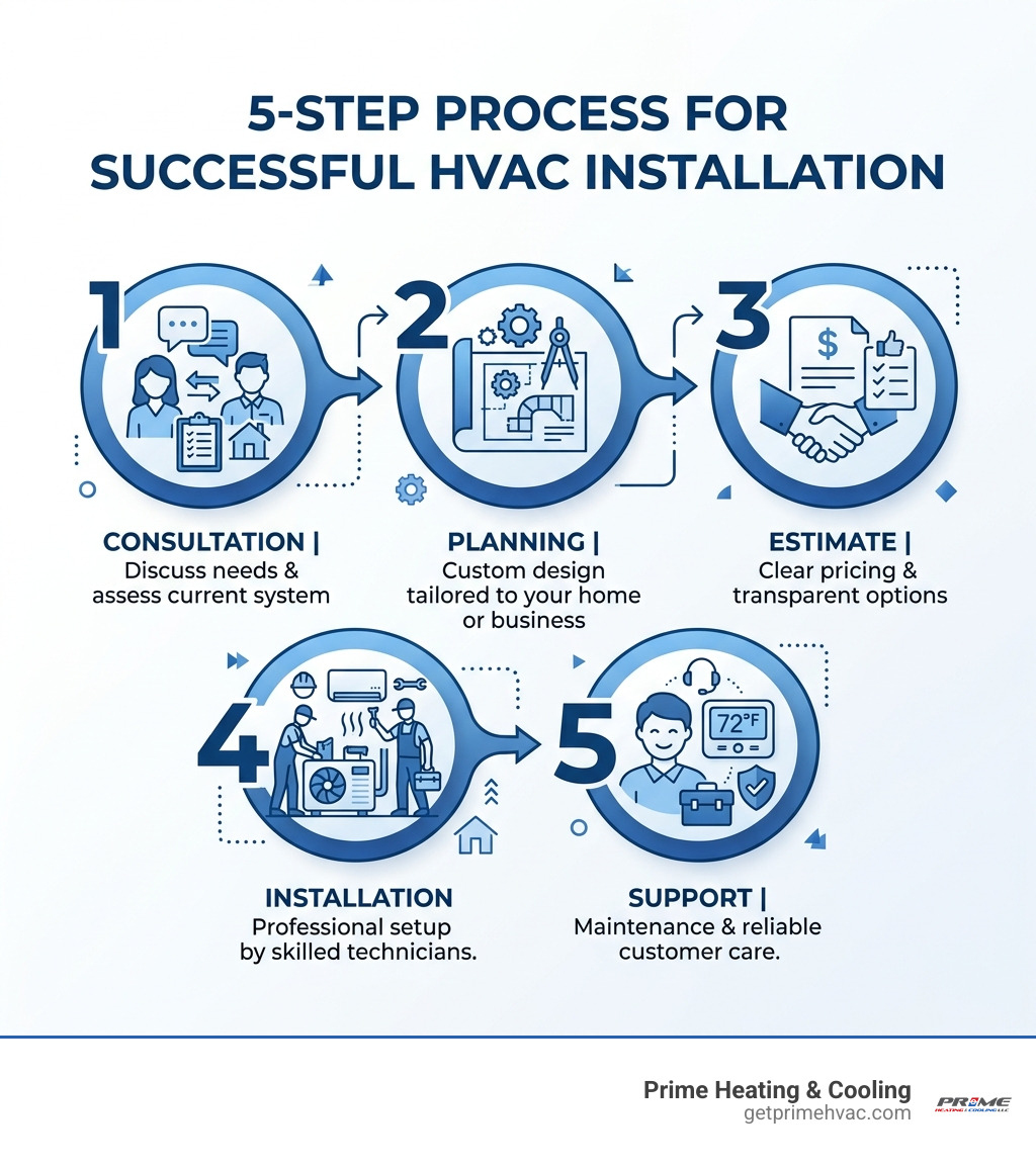 Infographic showing the 5-step process for a successful HVAC installation: Consultation, Planning, Estimate, Installation