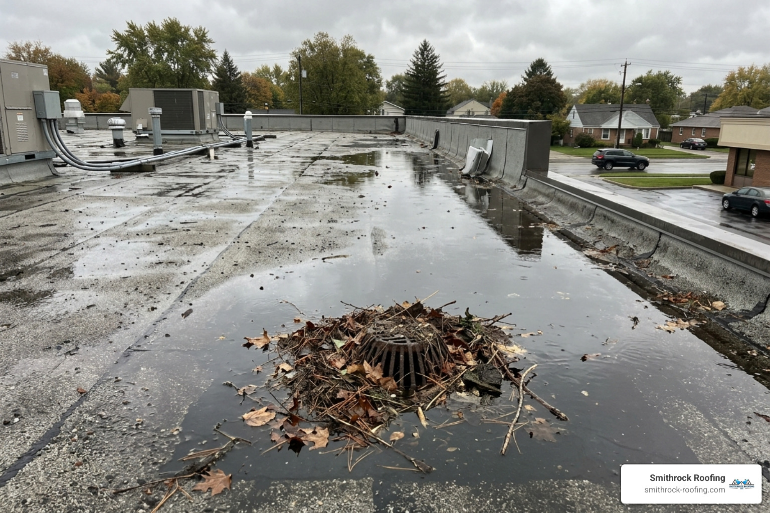 Ponding water on a low-slope roof with debris accumulation - flat roof repair high point nc