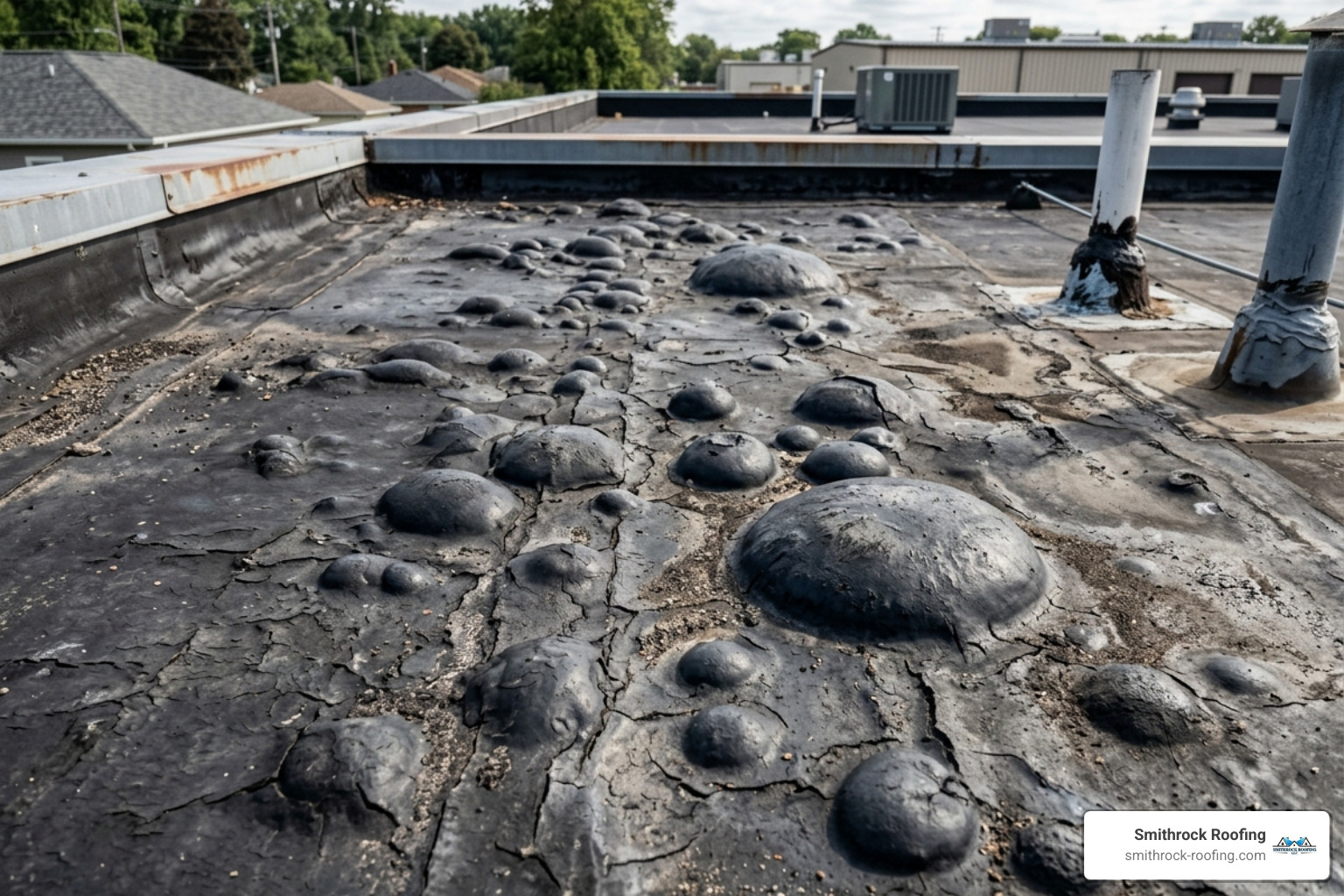 Roof membrane showing significant blistering and bubbling damage - flat roof repair high point nc