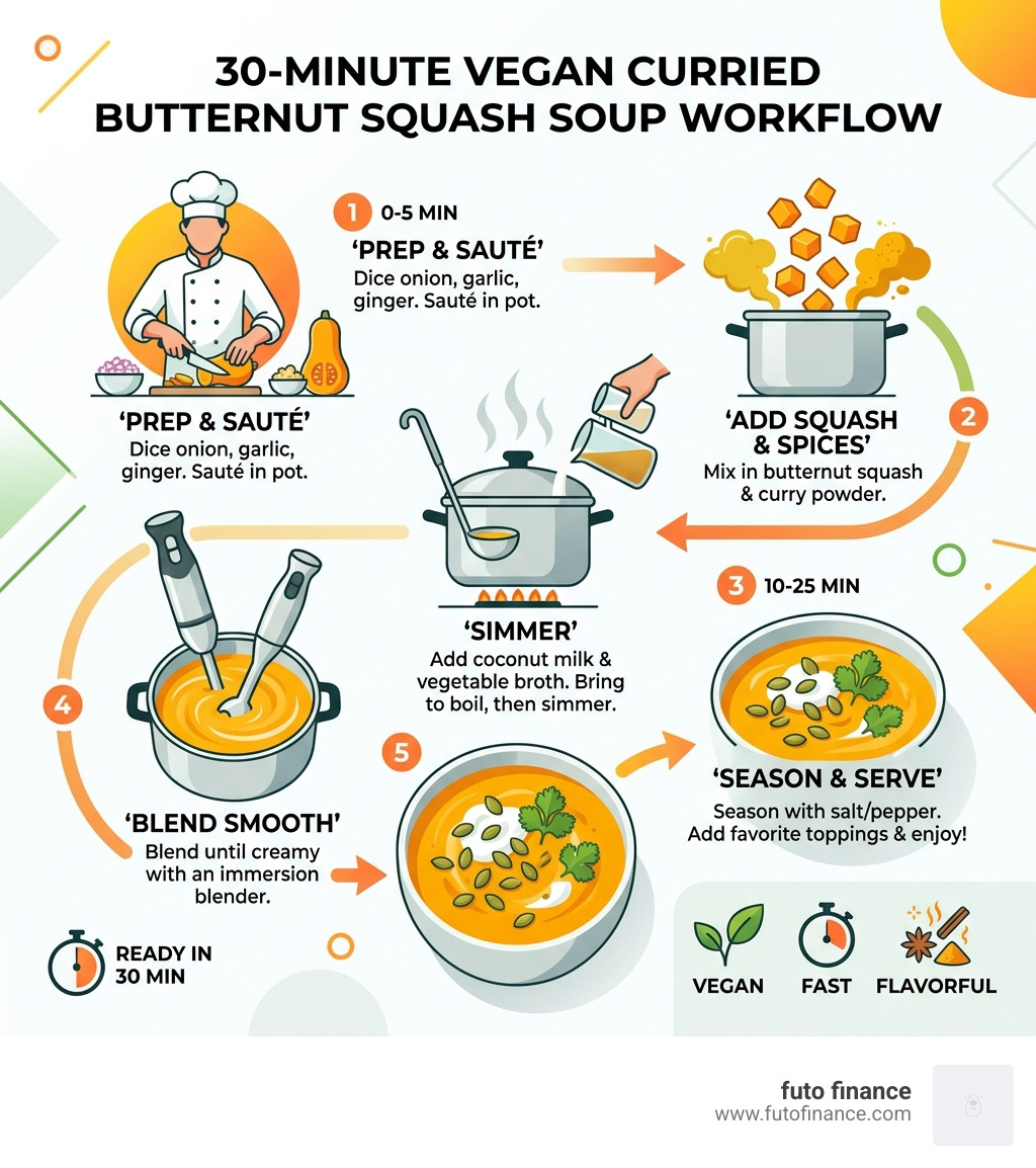 30-minute vegan curried butternut squash soup workflow from prep to bowl - curried butternut squash soup vegan infographic 