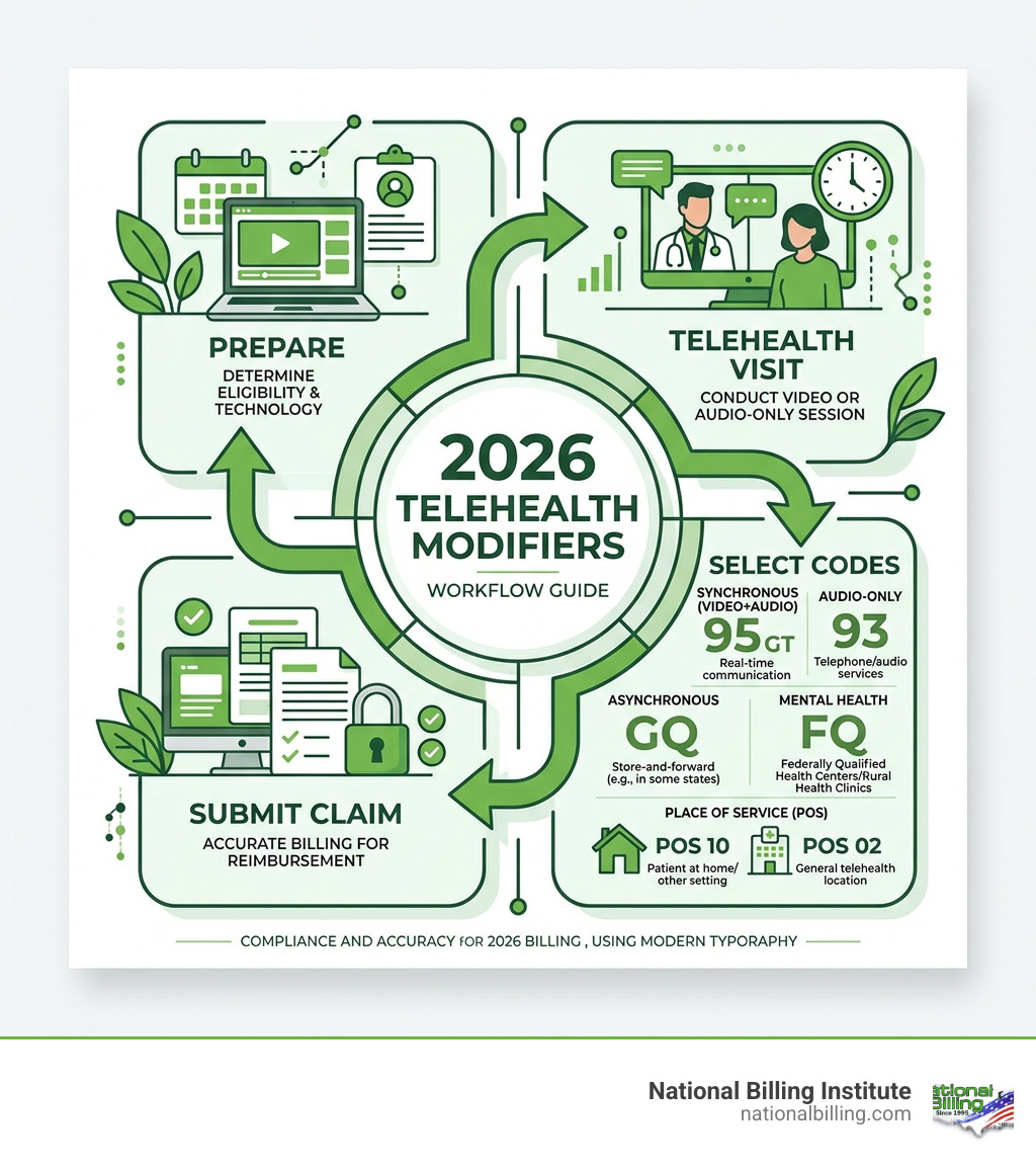 2026 telehealth billing and modifier workflow with modifiers 95, 93, GT, GQ, FQ and POS codes 02 and 10 - telehealth