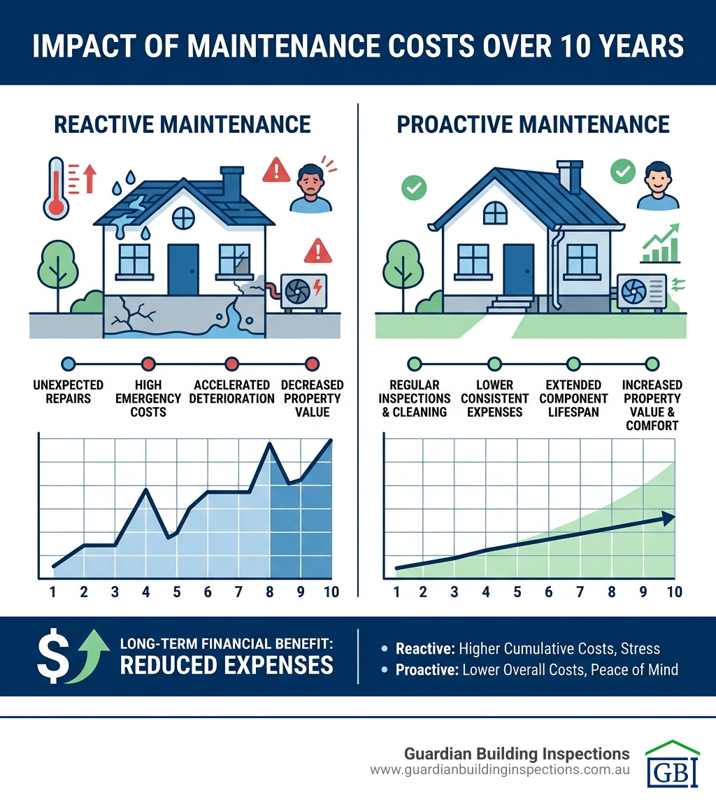 Infographic showing the impact of reactive vs proactive maintenance costs over 10 years - home maintenance infographic 