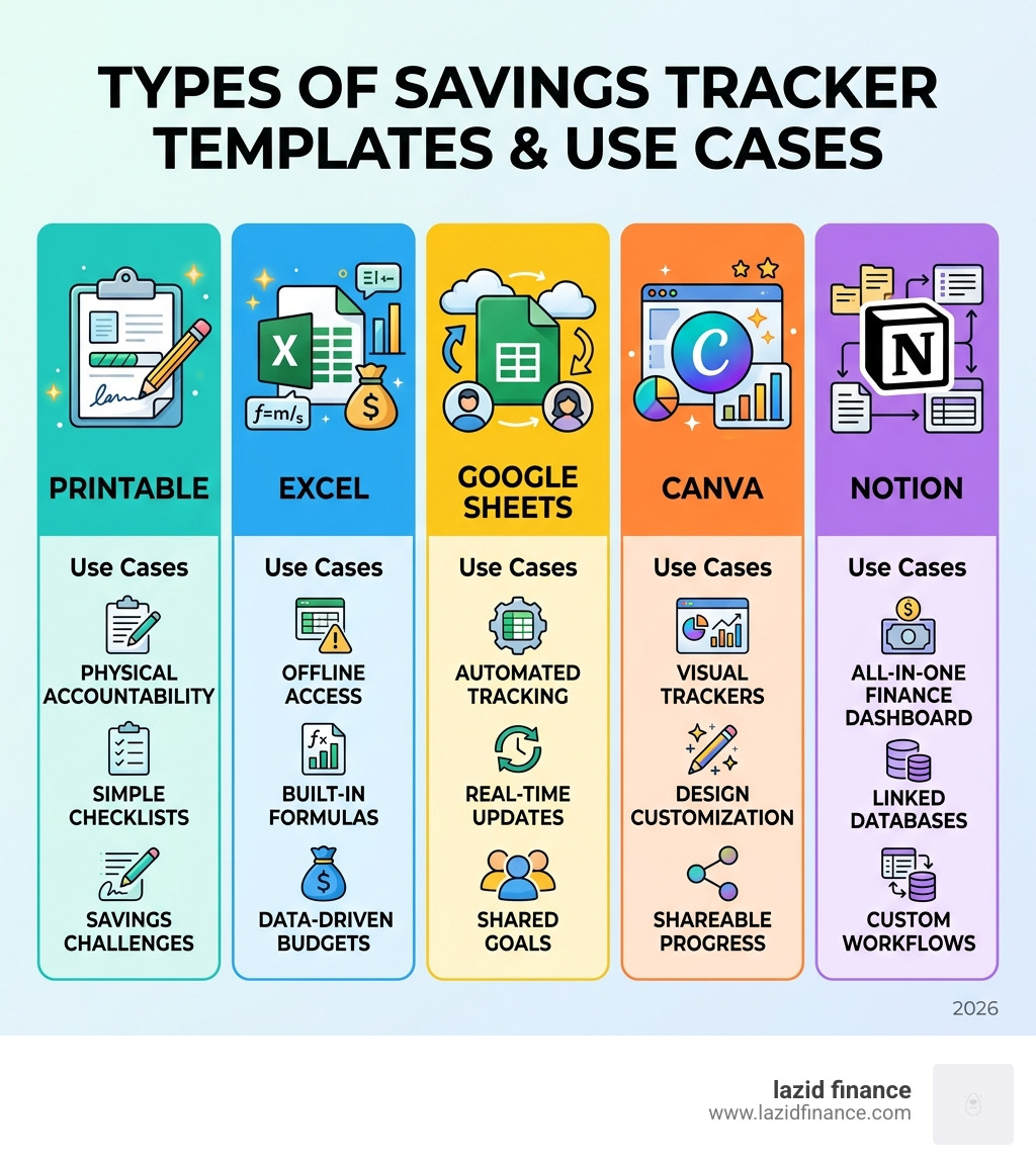 Infographic showing types of savings tracker templates: printable, Excel, Google Sheets, Canva, Notion with use cases