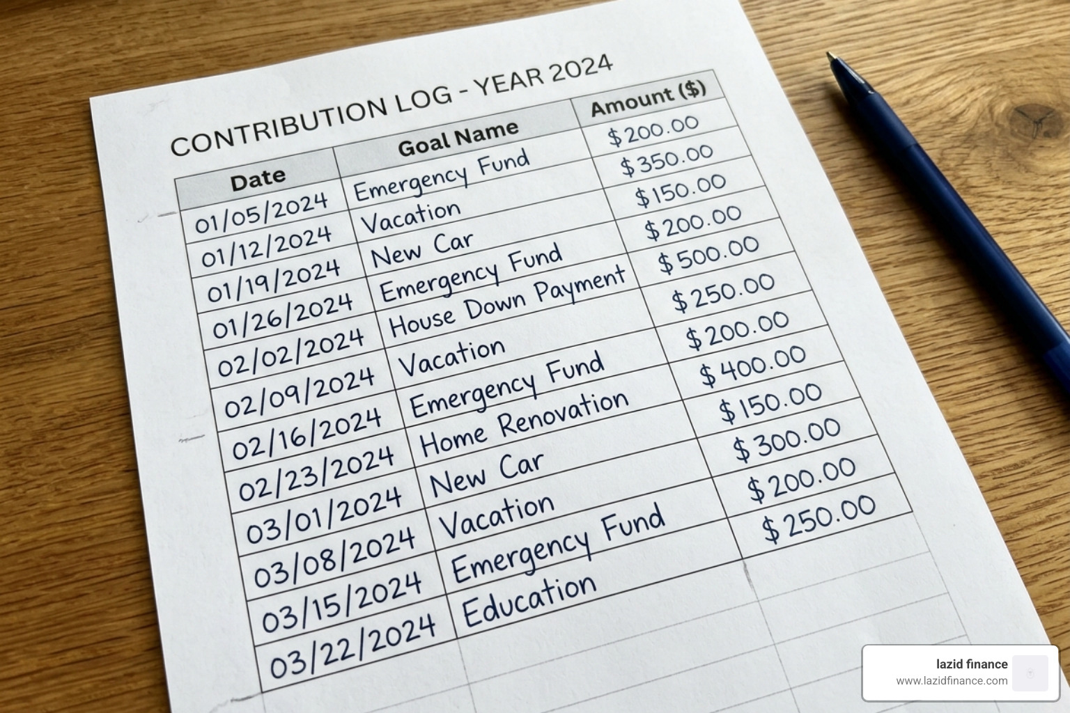 contribution log setup showing columns for Date, Goal Name, and Amount - savings tracker template