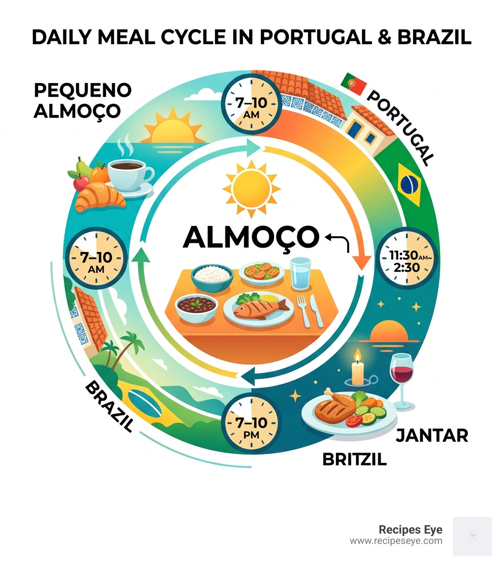 Daily meal cycle infographic for Portugal and Brazil showing pequeno almoço, almoço, and jantar times - almoço in english