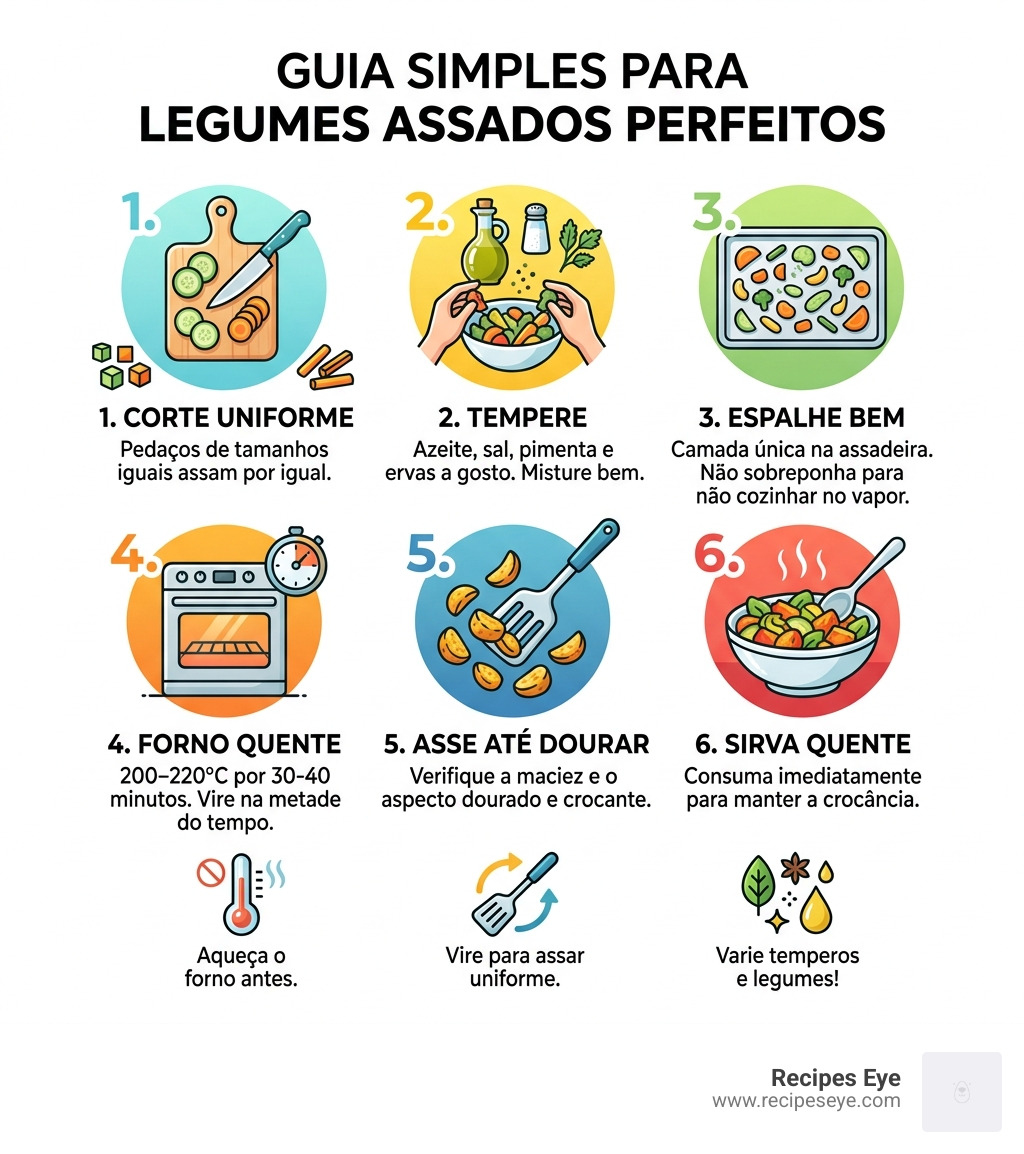infographic showing steps to roast vegetables temperature time seasoning and tips - legumes assados infographic 