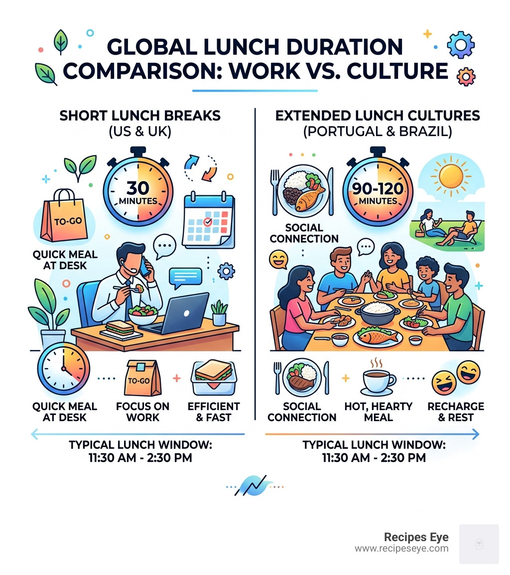 Infographic comparing lunch durations: 30 mins in US/UK vs 90-120 mins in Portugal/Brazil - almoço in english infographic 