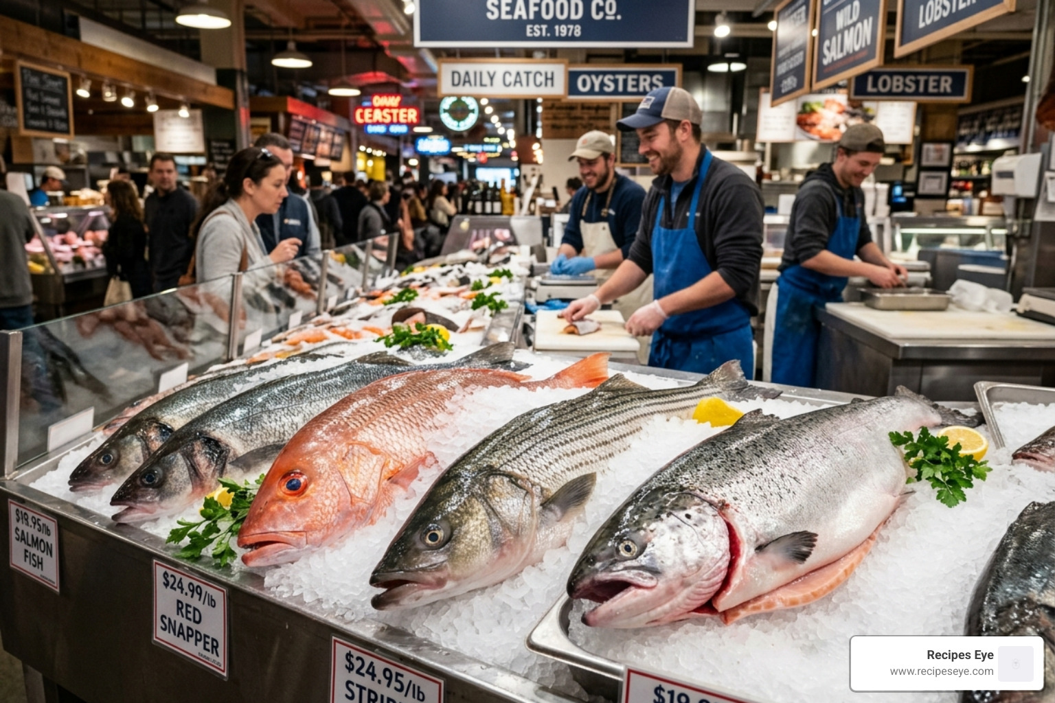 Selection of fresh fish at a local market showing quality indicators like bright eyes - receitas de peixe