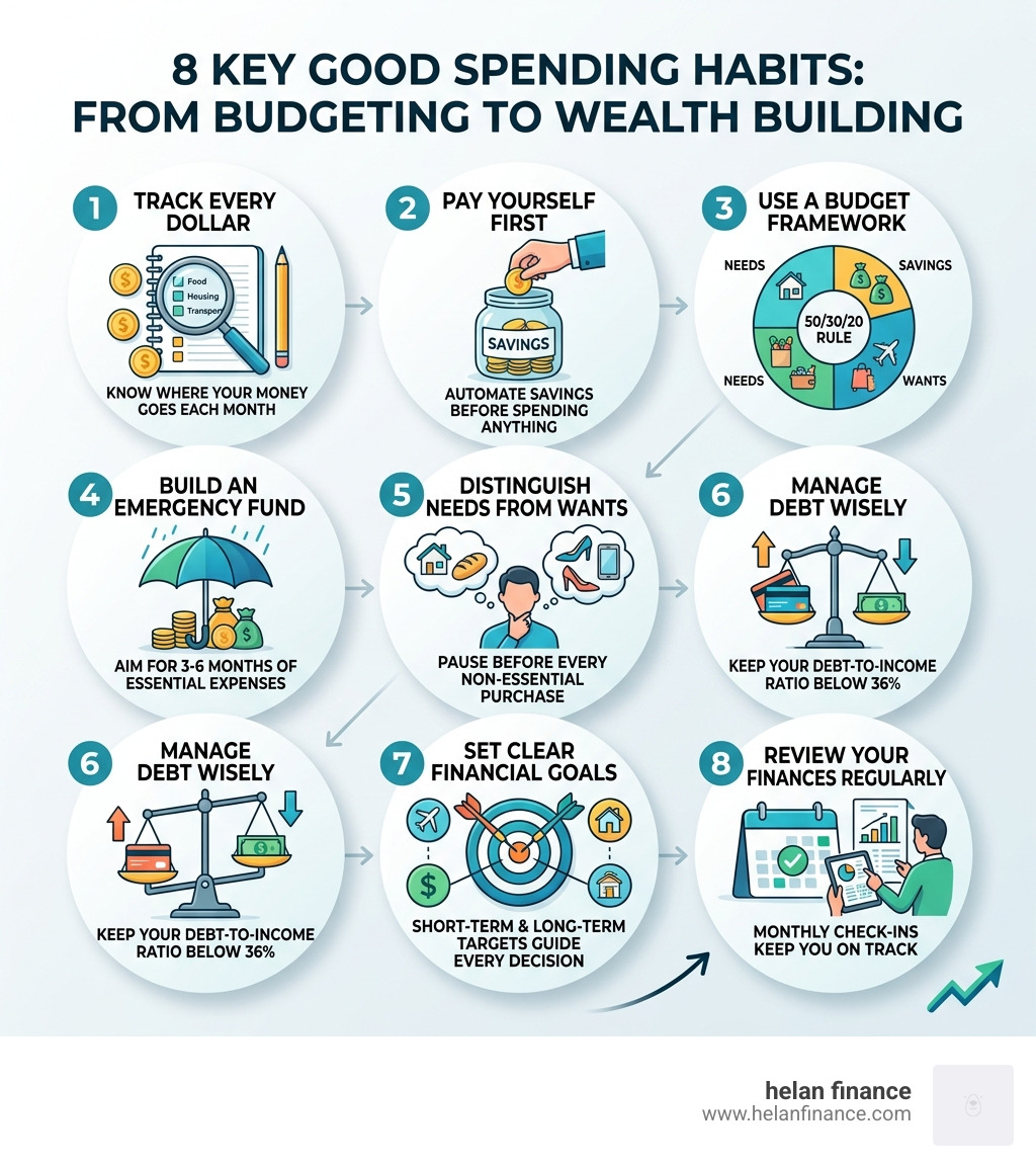 infographic showing 8 key good spending habits from budgeting to wealth building - good spending habits infographic 