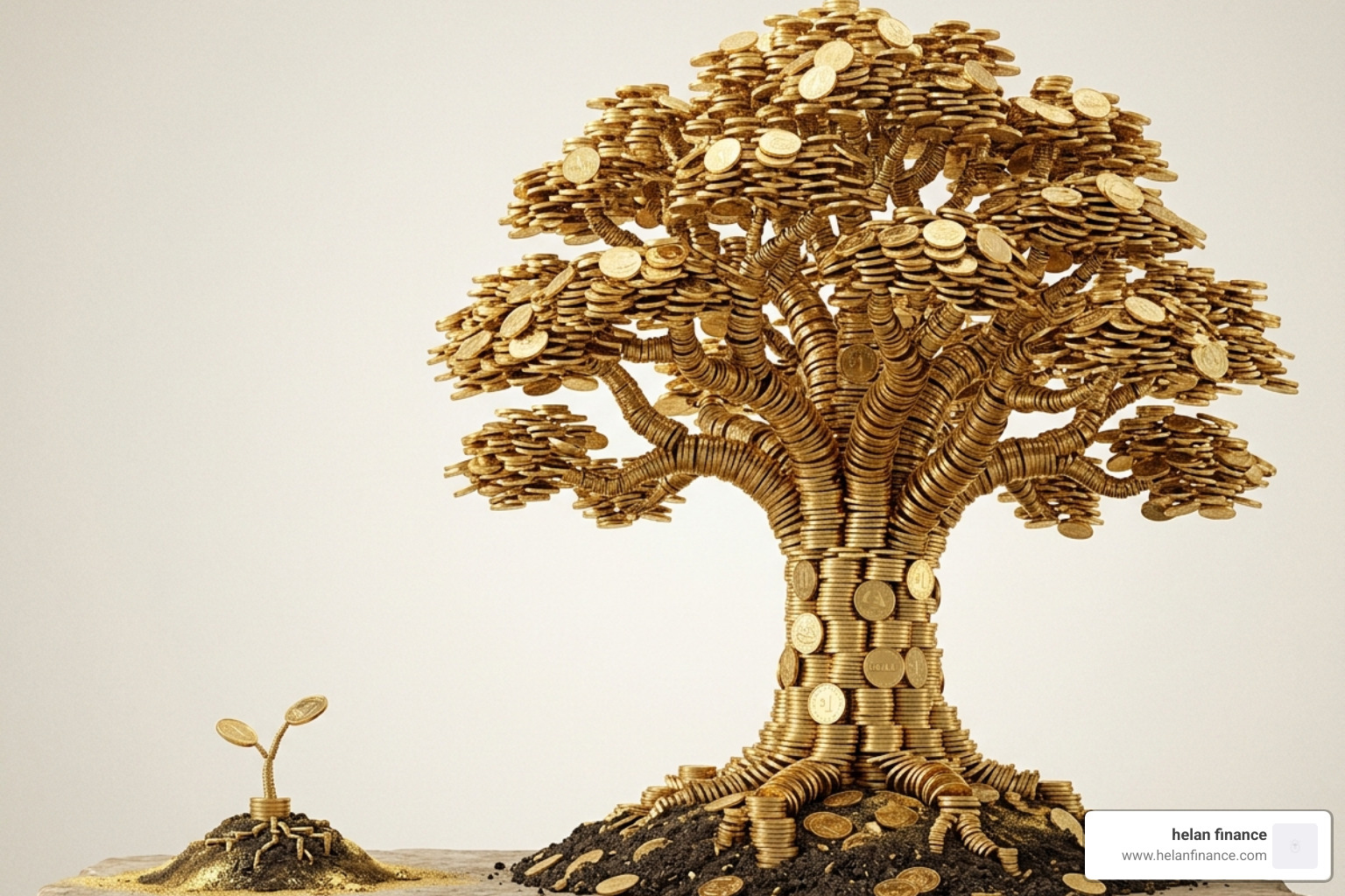 A seedling growing into a large tree made of coins - personal finance tips
