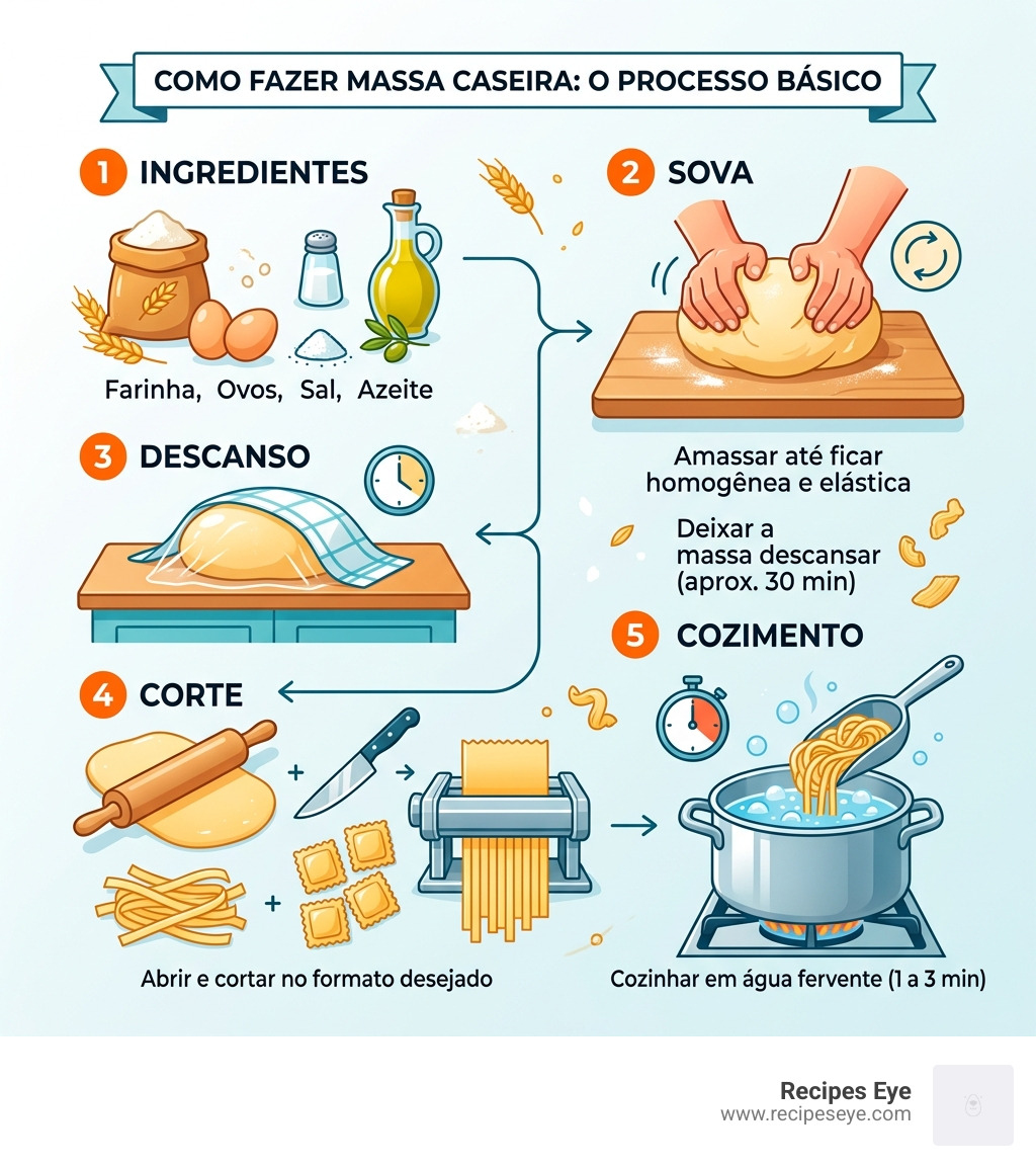 Infográfico com o processo básico de fazer massa do zero: ingredientes, sova, descanso, corte e cozimento - receitas de