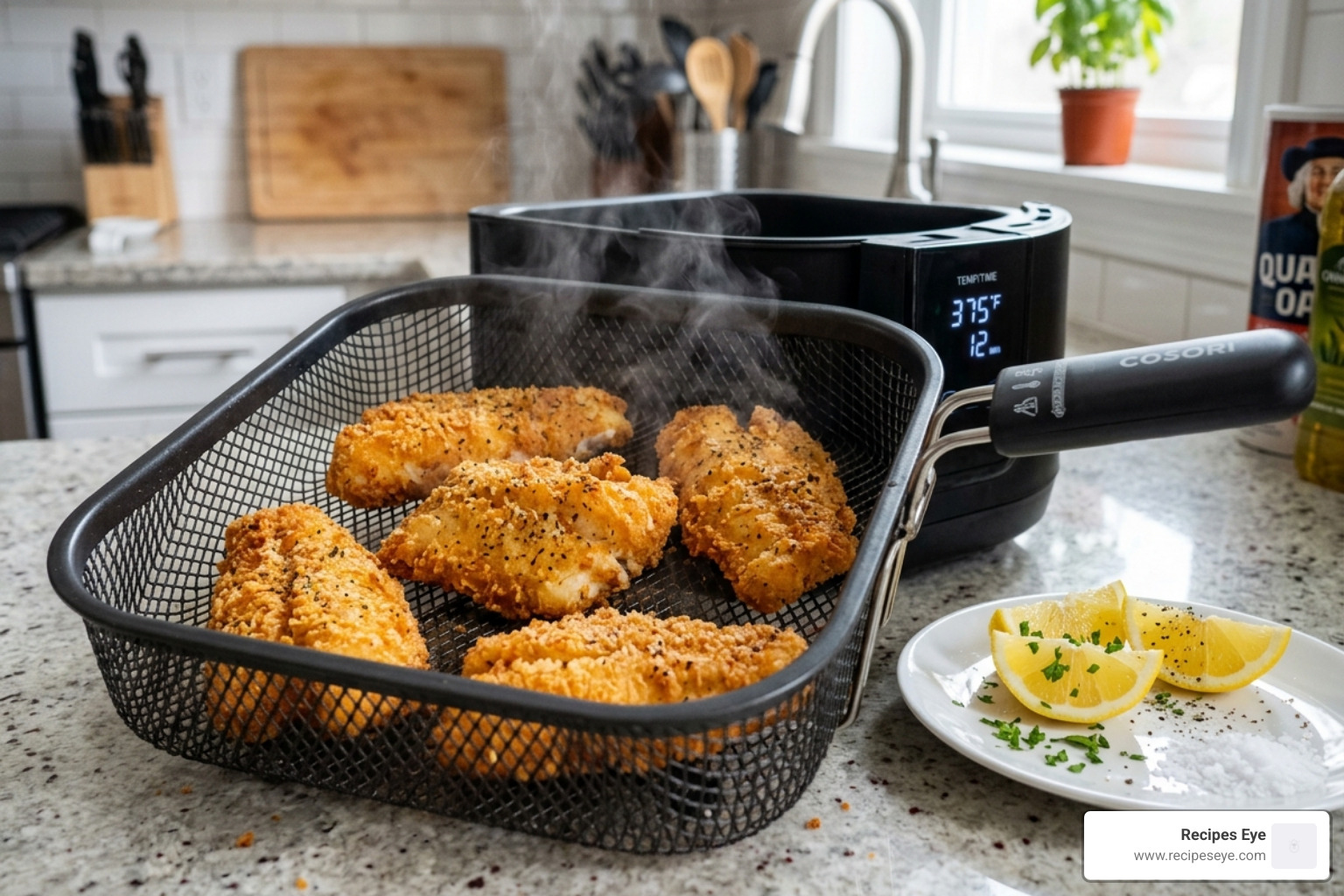 An air fryer preparing crispy fish fillets with a side of lemon wedges - receitas de peixe