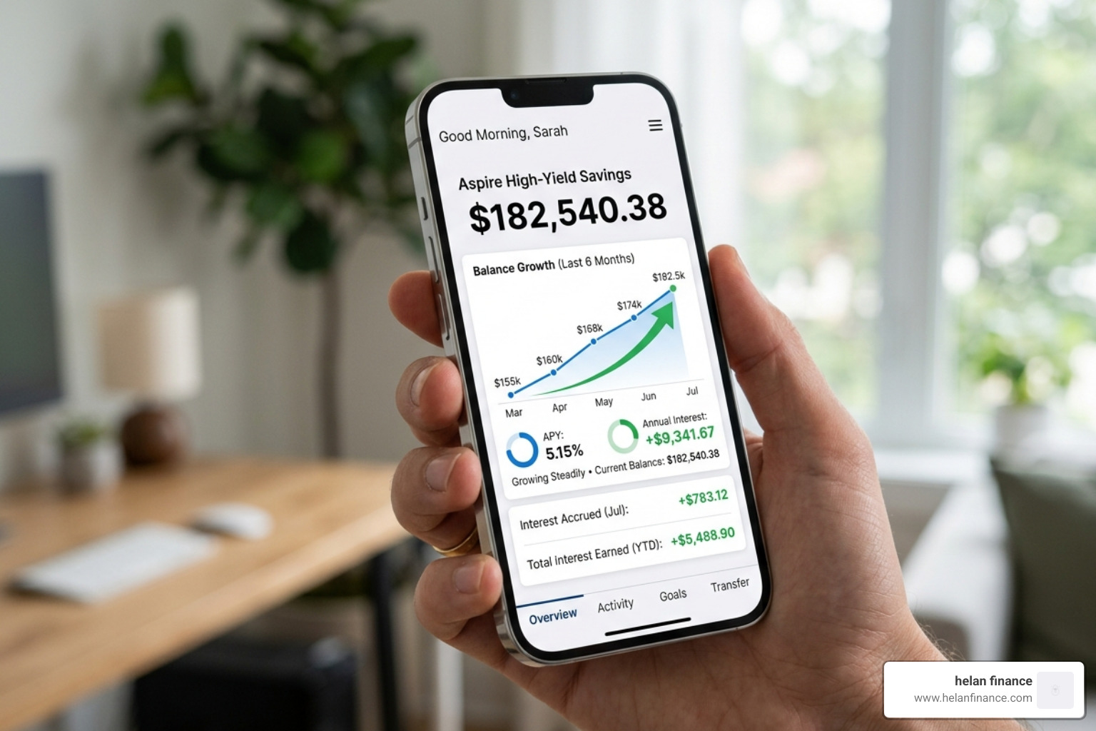 A sleek mobile dashboard showing a high-yield savings account balance growing with interest - best way to save up for a house